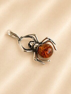 Baltic Amber Spider Pendant in Sterling Silver